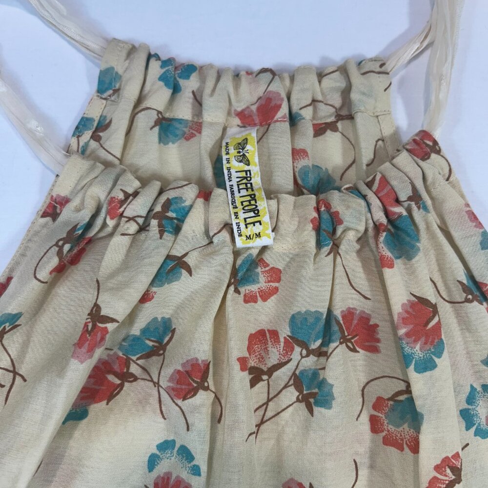Free People Tie Strap Tank Top M Floral Beige Boho Cotton Sleeveless Blouse - Picture 2 of 6